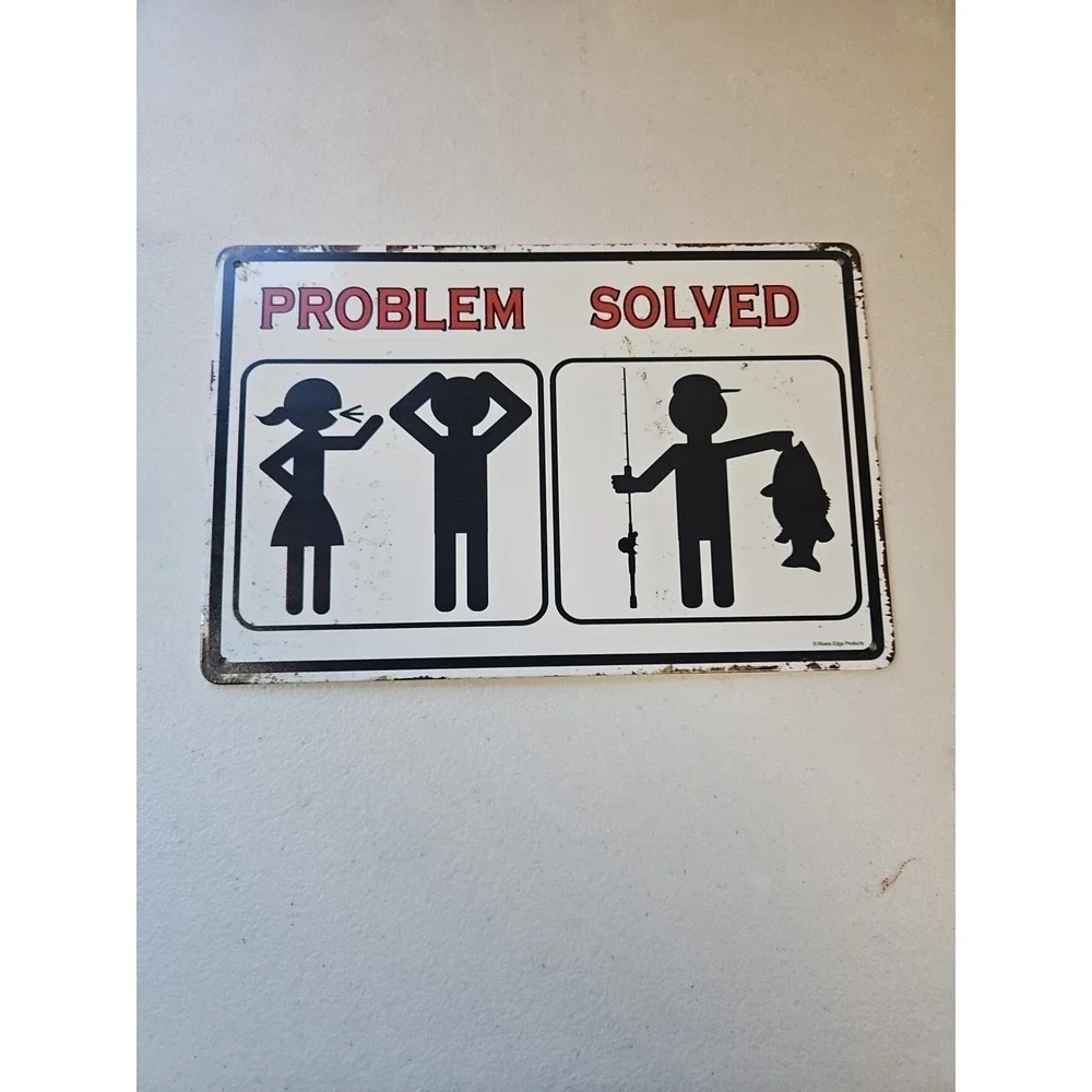 Problem Solved Metal Tin Sign Funny Fishing Humor Wall Decor Man Cave Garage